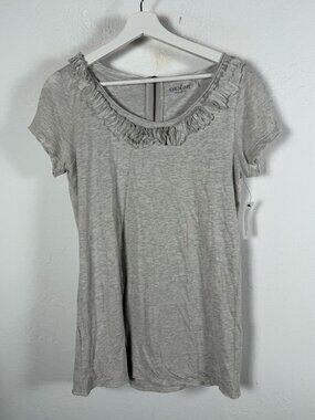 Caslon Women's Gray Ruffle Neck Top Short Sleeve Knit Tee Zipper Back Medium New